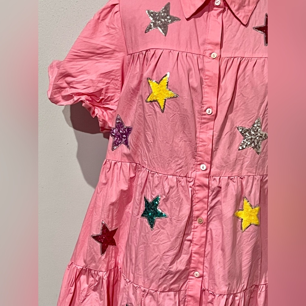 Peach Love California Pink Baby Doll Dress Sequin patches & sequin hem sz L - Picture 5 of 14